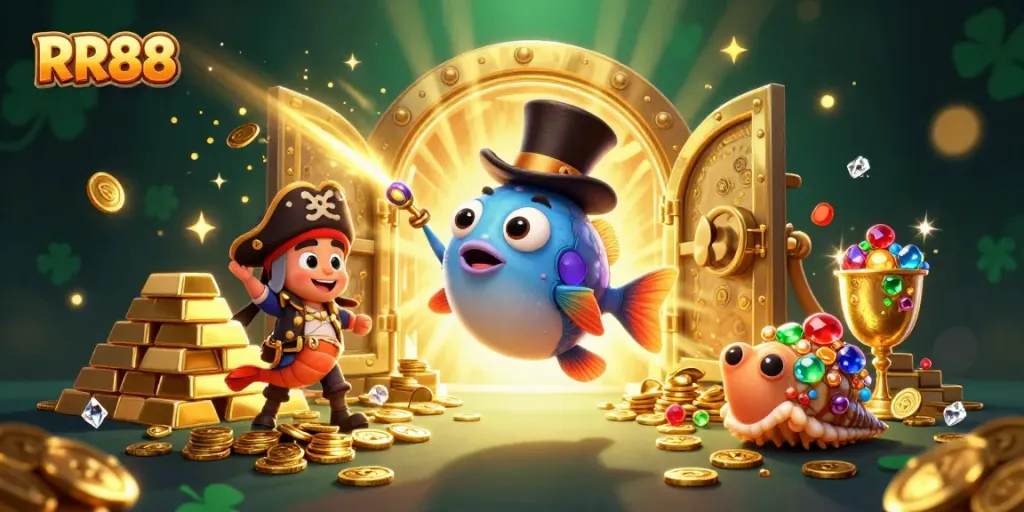 Experience exciting wins with RR88, illuminated by treasures and vibrant characters in a captivating underwater scene.