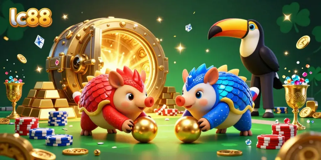 Win with lc88 as rival pangolins compete in a vibrant casino scene rich with gold and gems.