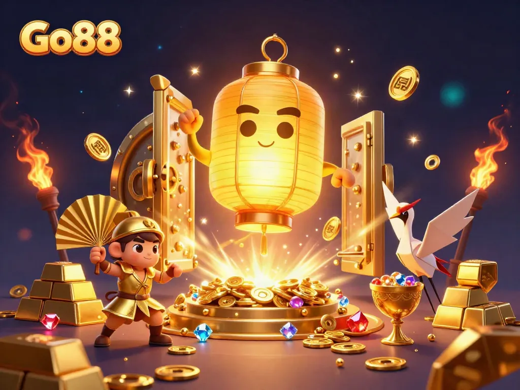 Experience the excitement of Go88 casino with vibrant golden lanterns and treasure bursts illuminating the night market.