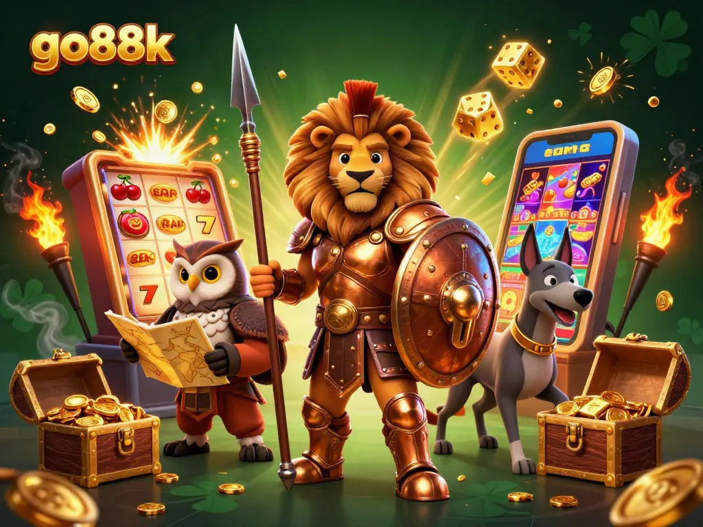 Experience excitement with go88k as a Spartan lion leads a winning slot jackpot scene with vibrant gaming elements.