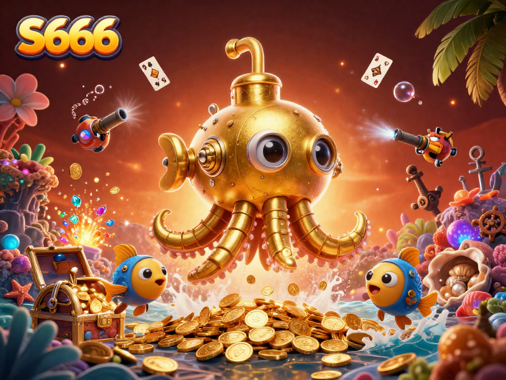 S666 inspires players with an illustration featuring a majestic golden kraken amidst a treasure-filled underwater world rich in casino elements.