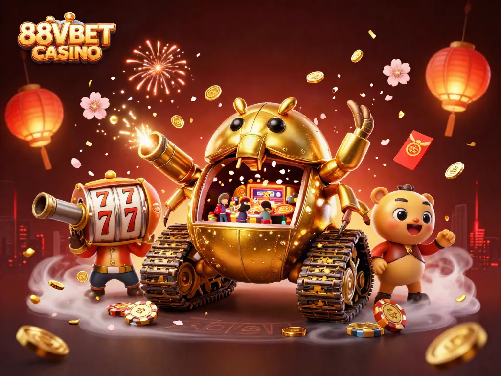Experience excitement at 88VBET CASINO with a vibrant 3D casino scene filled with games and festivities.