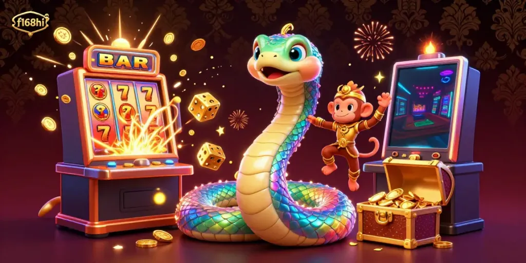 Experience the thrill of f168hi with a vibrant 3D casino scene featuring a joyful monkey king and mystical serpent.