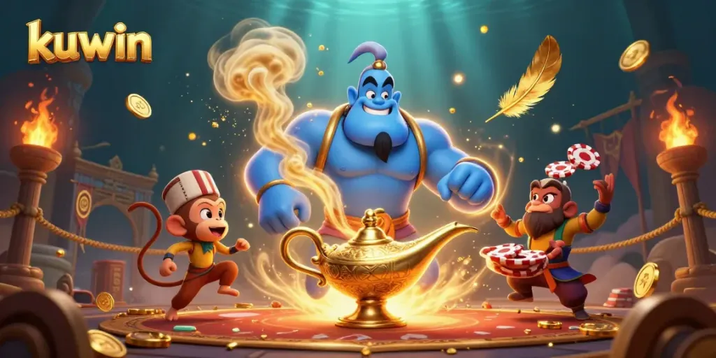Kuwin shows a powerful genie and festive elements inviting players to explore thrilling casino games.