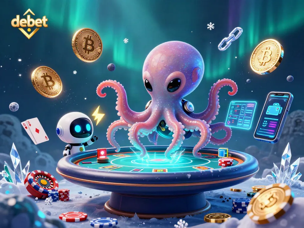 Play at debet's vibrant alien casino with poker tables and neon crypto dynamic elements.