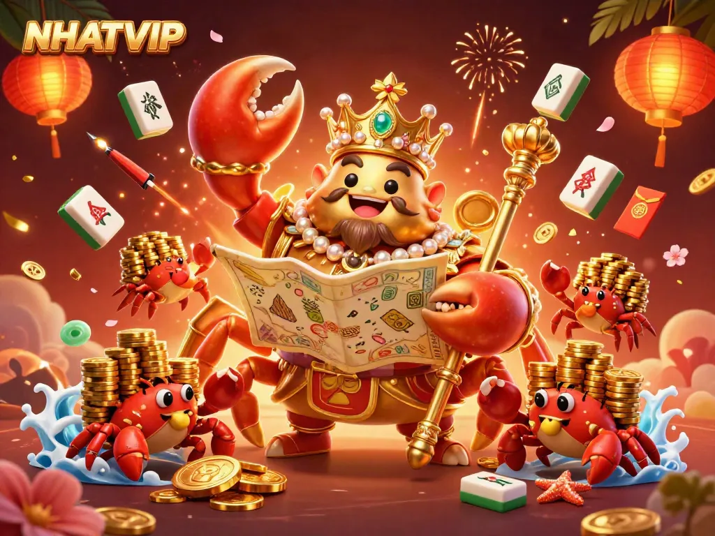 NHTVIP brings luck with a vibrant depiction of a golden crab emperor ruling a dynamic casino scene filled with festive elements.