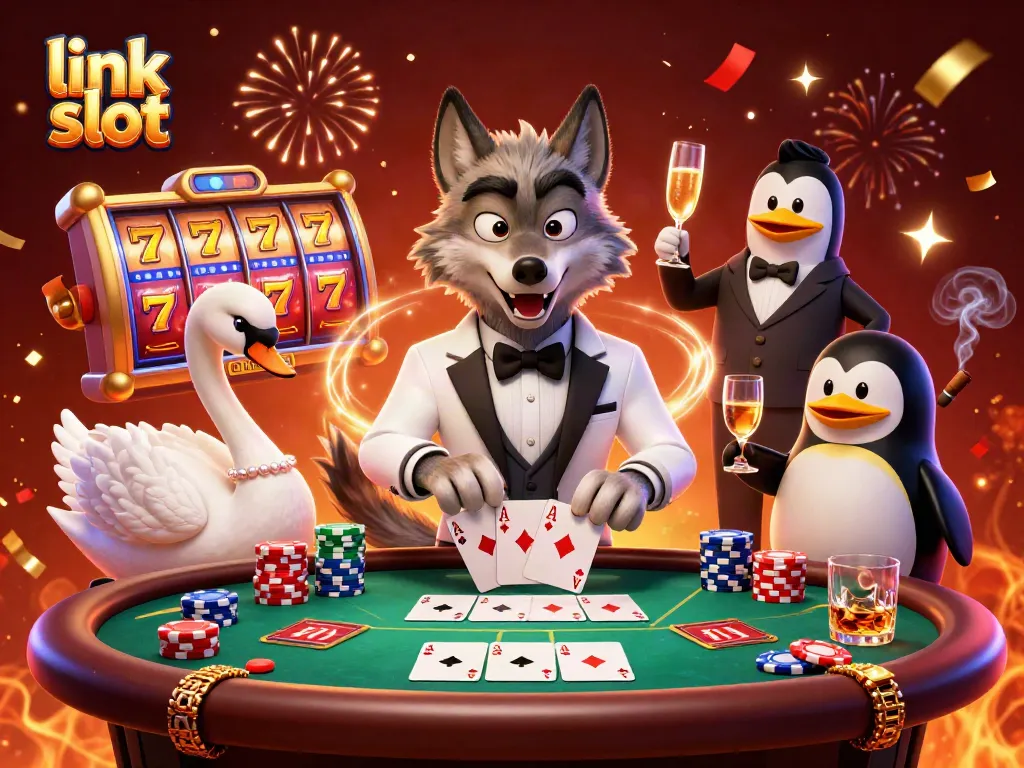 Experience thrilling gameplay with link slot machines and animated characters in an exciting casino scene.