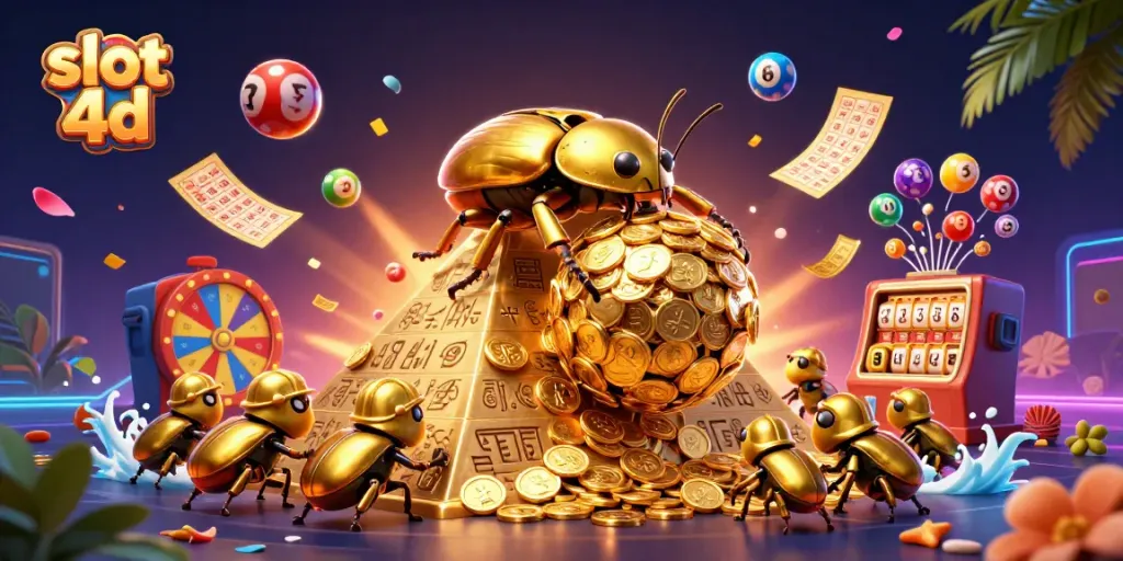 Menggandakan peluang menang dengan slot 4d, menggambarkan kumbang emas dan simbol kasino dalam ilustrasi yang kaya.