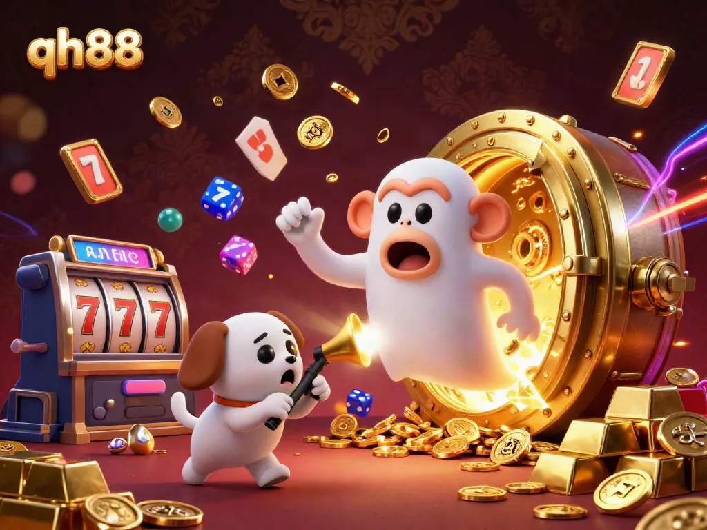 Experience the excitement of qh88 casino with an adventurous poltergeist monkey and ghost-hunter puppy in a rich, vibrant scene.
