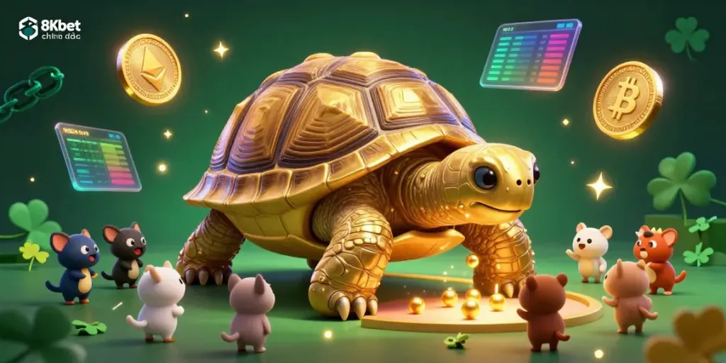 Experience the excitement at 8Kbet chính thức with a vibrant 3D cartoon scene of a golden tortoise pinball machine.