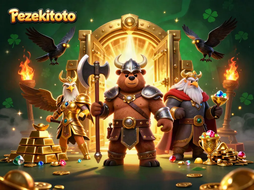 Activate your chances with rezekitoto's thrilling slot games, represented by a lively Viking bear and Valkyrie eagle.