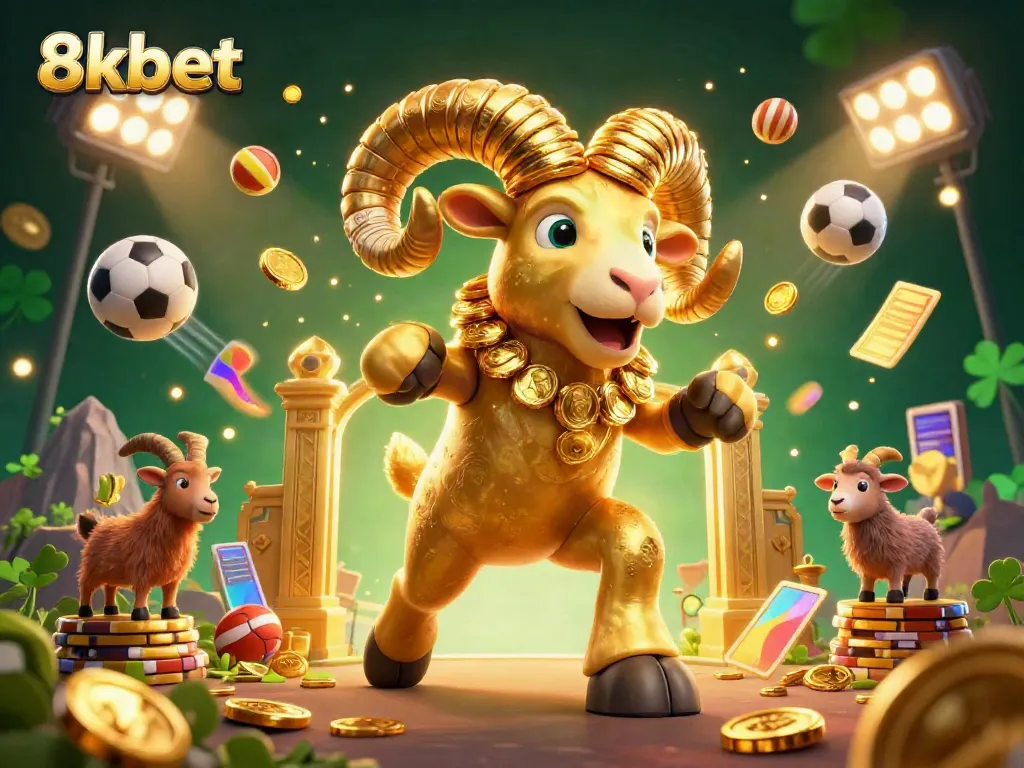 Experience thrilling gameplay at 8xbet, showcasing a vibrant illustration with dynamic sports elements and a golden ram.