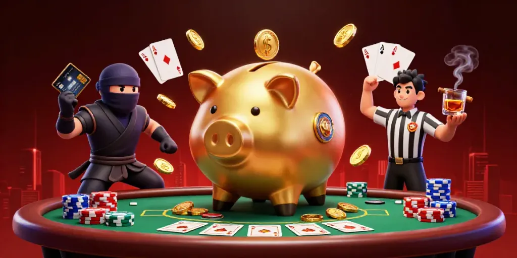 Engaging 3D illustration showcasing 789lub-pro with a golden piggy bank wrestler and poker elements in action.