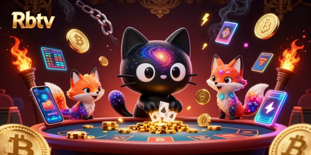 Rbtv menampilkan kasino cosmic dengan kucing lubang hitam dan rubah nebula menarik koin emas.