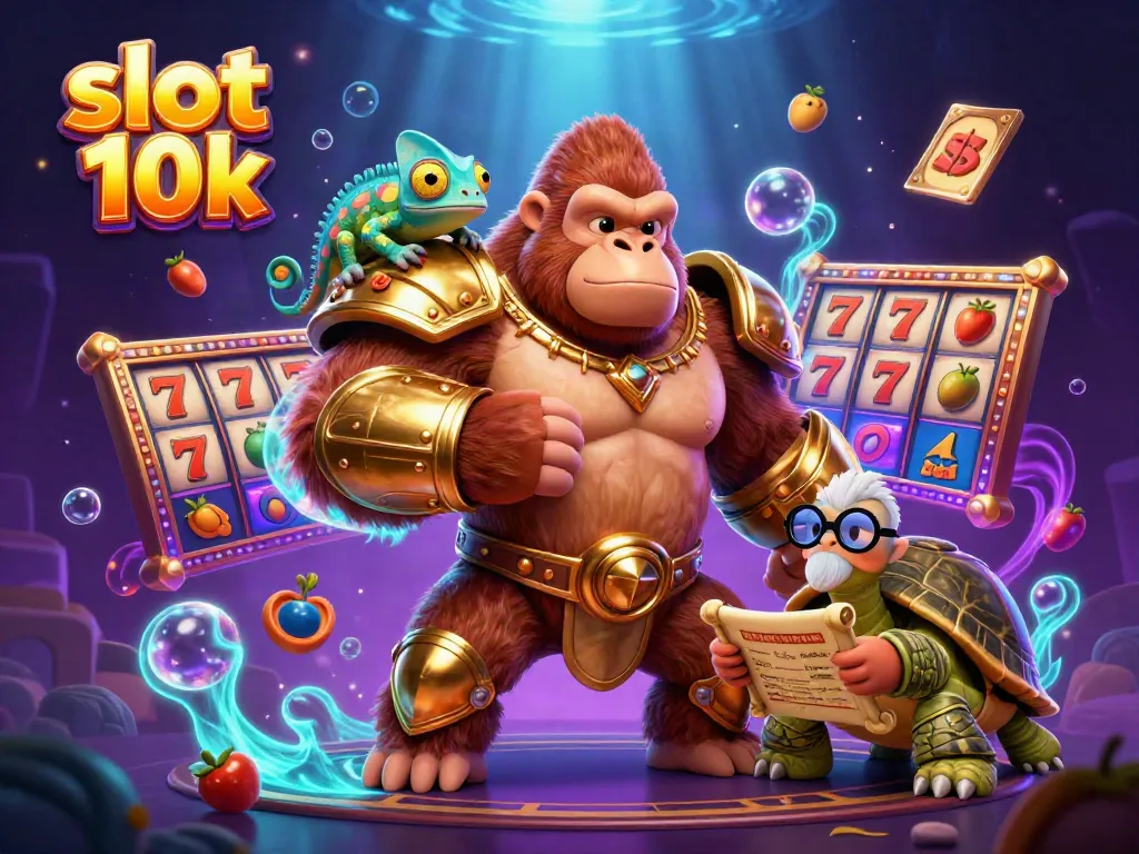 Engage with the captivating slot 10k scene featuring a gorilla king and vibrant game elements.