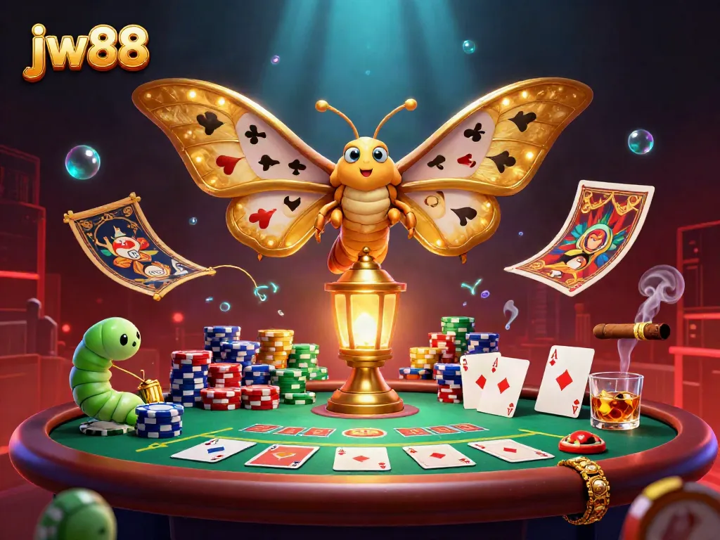 Engage in thrilling casino play with jw88, featuring vibrant moth characters and poker elements.