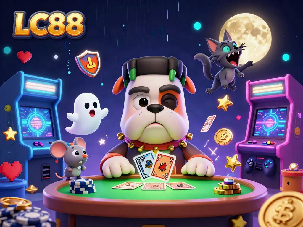 LC88 showcasing a Frankenstein bulldog dealing cards at a spooky casino table illuminated by neon lights.