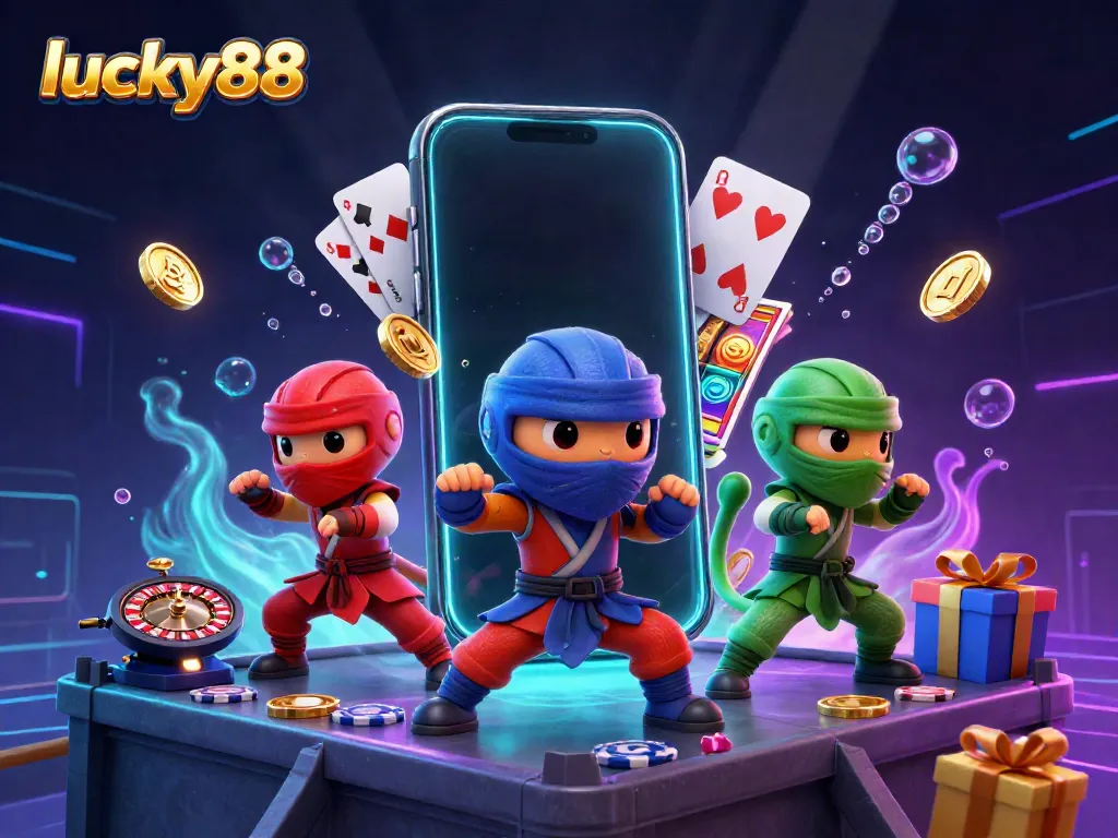 Experience thrilling gaming adventures with lucky88 as chameleon ninjas showcase dynamic action on a casino rooftop.