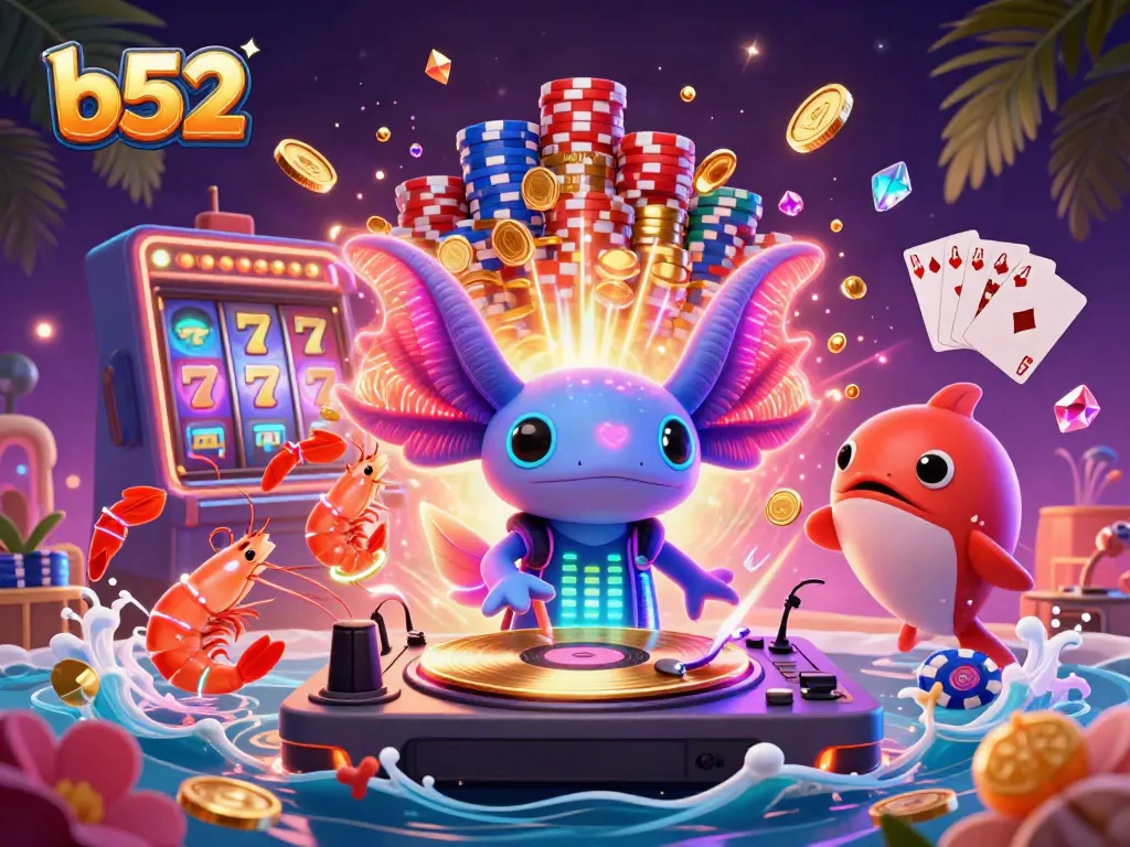 Engage with b52 slots game featuring a vibrant axolotl DJ amidst dynamic casino elements and treasure.