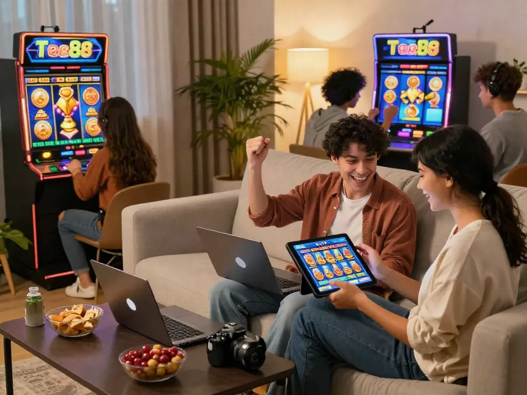 Engaging slot88 gaming experience with players celebrating wins in a cozy environment.