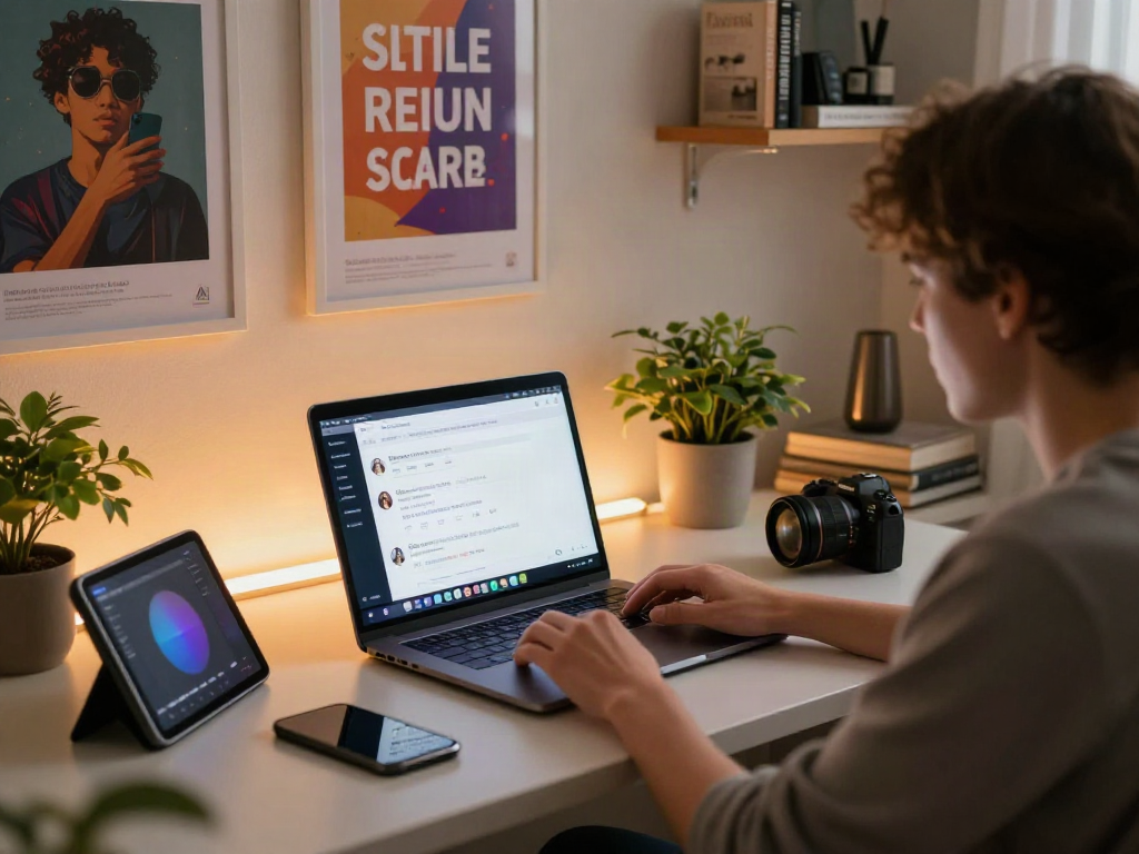 Engaging AI chat NSFW conversation in a modern, creative workspace with ambient lighting and digital devices.