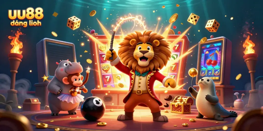 Engage in thrilling slots action at uu88 đăng nhập with a vibrant 3D casino illustration full of characters and game elements.