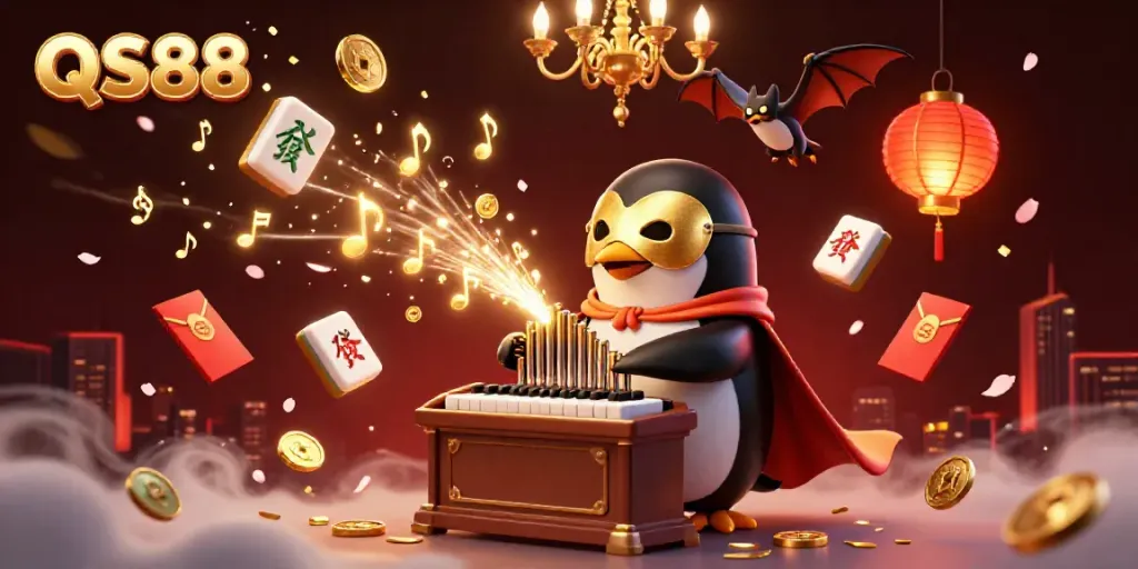 Experience the thrilling world of QS88 as a cartoon opera penguin plays an organ shooting gold coins in a vibrant casino setting.