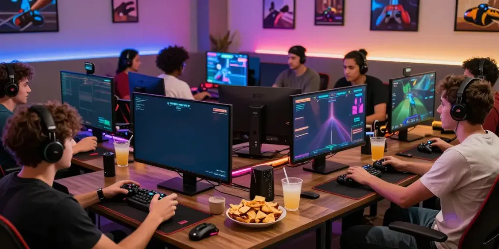 Friends enjoying an exciting gaming session on kilat404 platform, vibrant ambiance with colorful lighting and focused engagement.