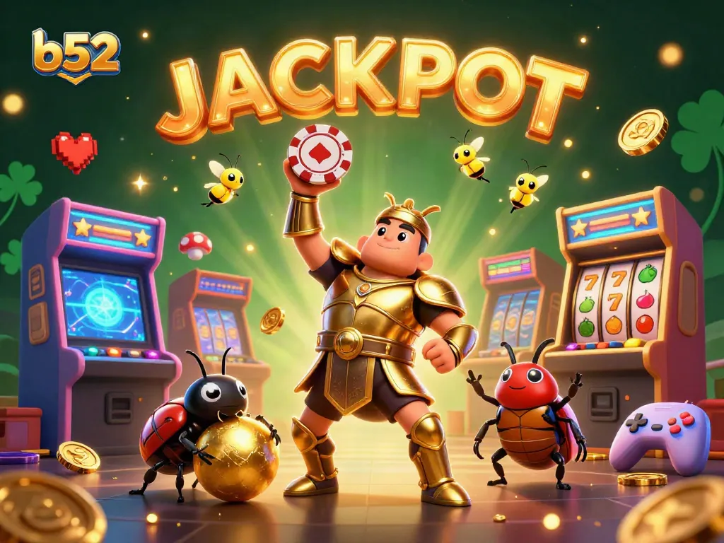 Join the excitement at b52 casino with a victorious beetle in gladiator armor lifting a poker chip!