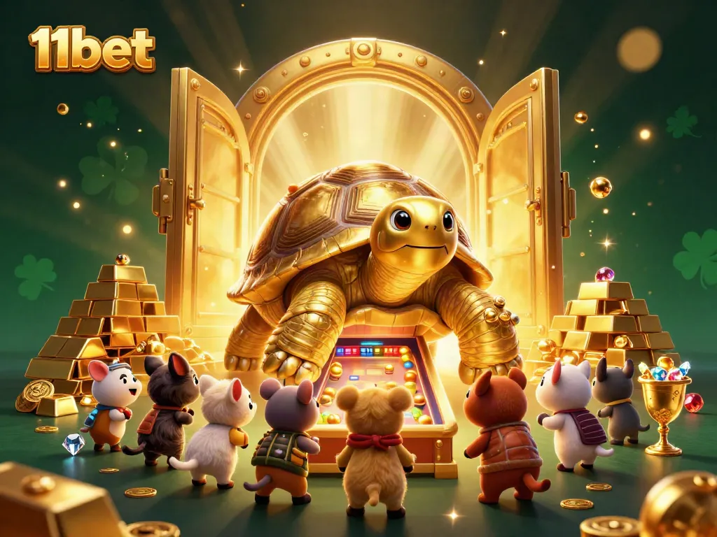 Win big with 11bet's golden gaming experience featuring a dynamic pinball tortoise.
