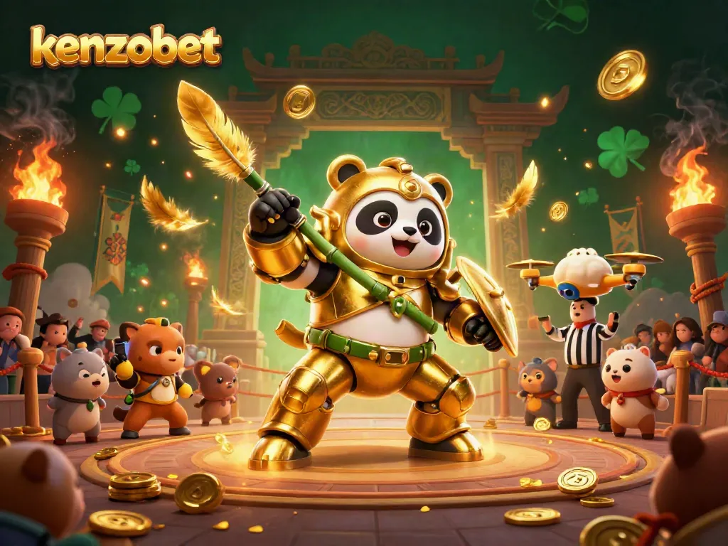 Kenzobet offers an exciting visual of a golden panda piloting a robot in an arcade-themed battle arena.