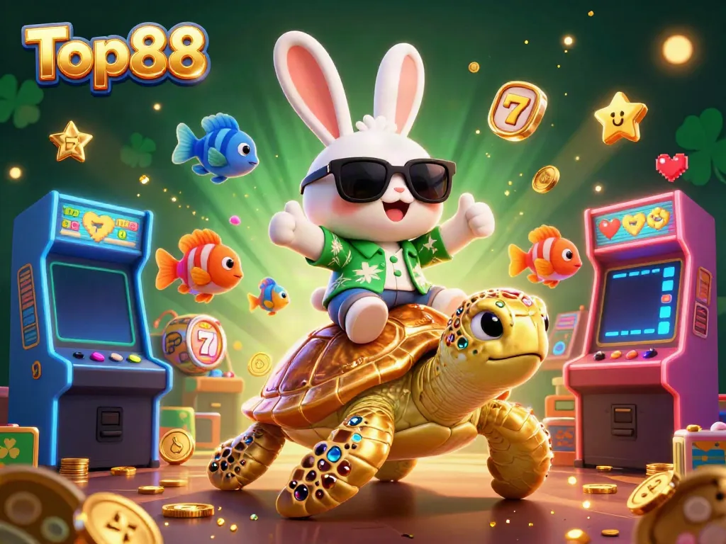 Experience the excitement of Top88 with this vibrant 3D casino illustration featuring lucky gaming symbols.