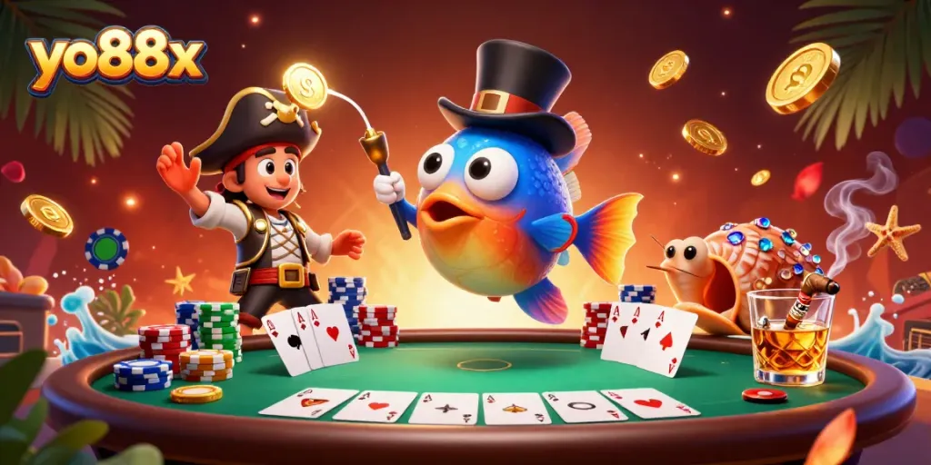 Experience winning strategies at yo88x with vibrant underwater casino-themed characters and dynamic game elements.