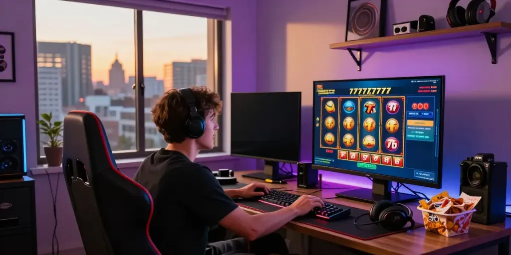 Gamer immersed in slot777 gameplay with vibrant LED lights in a cozy room