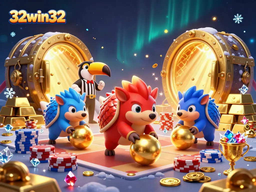 Engage in thrilling casino action with 32win32's vibrant pangolin competition amidst golden treasures and chips.