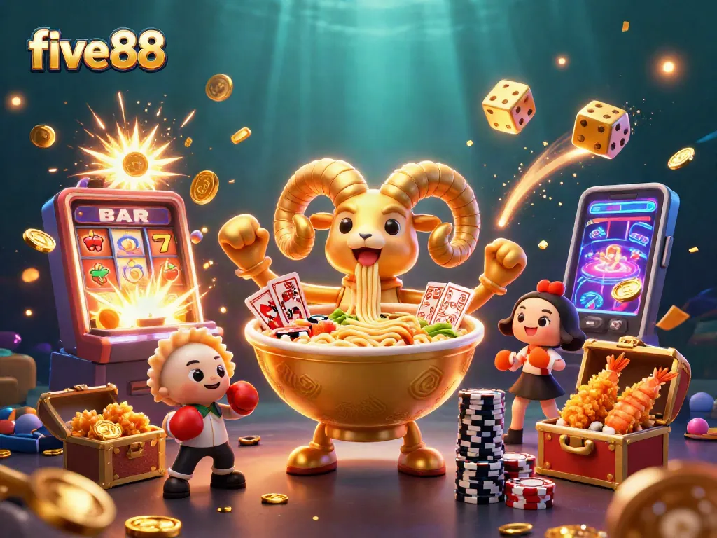 Engage with five88 in an illustration showing a vibrant 3D casino scene with cartoon characters, slot machines, and colorful game elements.