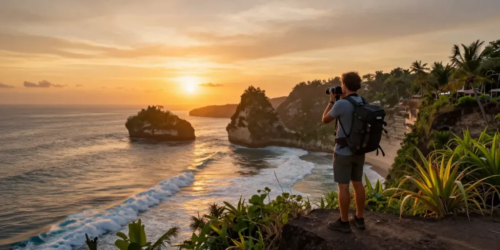 Traveler overlooking Bali at sunset, reflecting on Garuda 404 flight experiences.