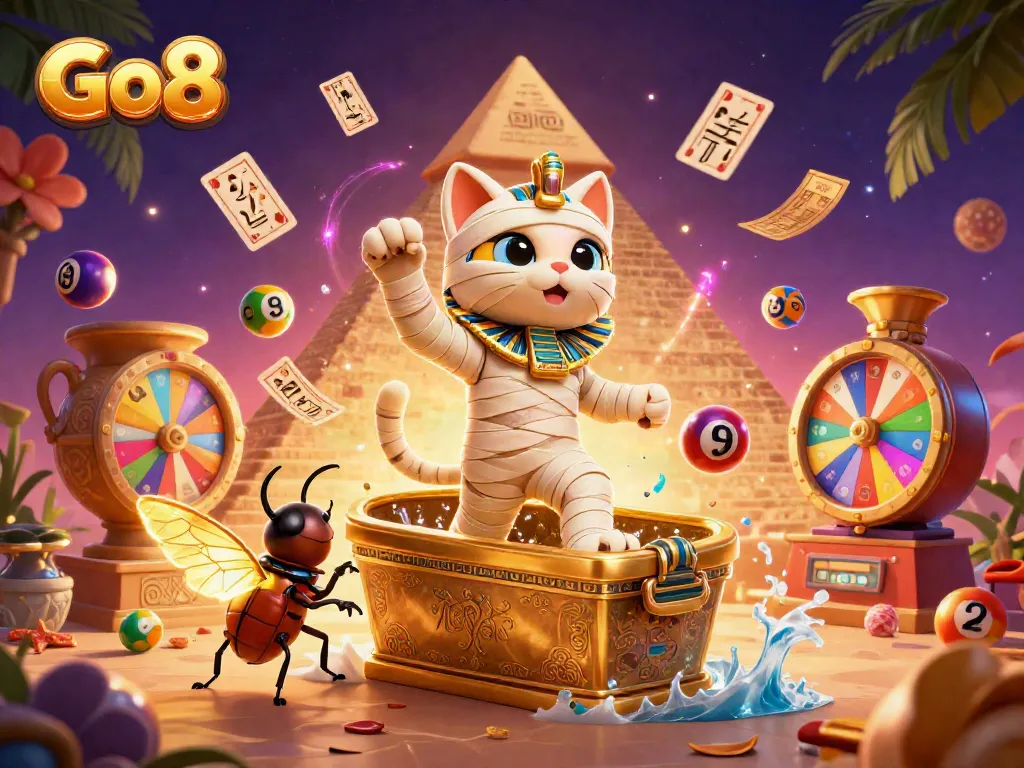 Go8 casino illustration depicting a vibrant Egyptian-themed scene with dynamic gaming elements.