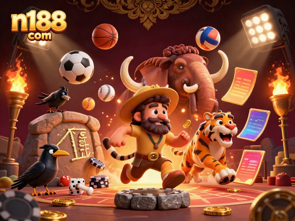 Bet on thrilling jackpots at n188 com with a vibrant prehistoric-themed casino scene.
