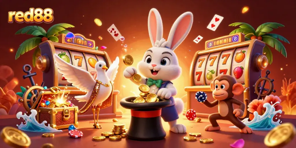 Red88 casino scene featuring a magician rabbit, dove, and monkey with vibrant slot symbols and sparkling coins.