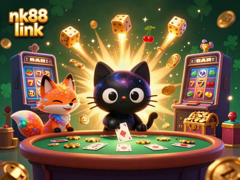 Engage with the cosmic charm of nk88 link at a vibrant casino, featuring a black hole cat and nebula fox.