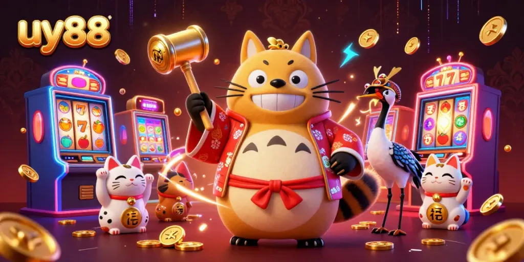 Engage with uy88's exciting slot machine scene featuring lucky characters and dynamic game elements.