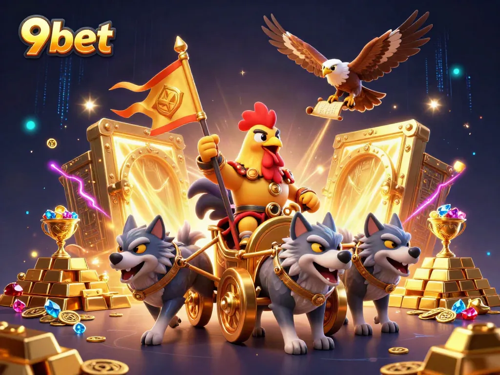 Experience exciting gameplay at 9bet with a 3D cartoon-style illustration of a rooster warlord and treasures.