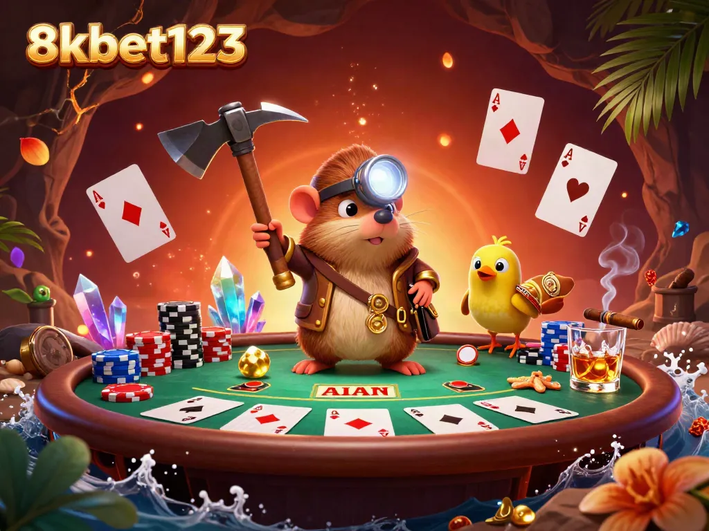 Engage with the excitement of 8xbet123 in this colorful casino scene featuring a treasure hunter mole.