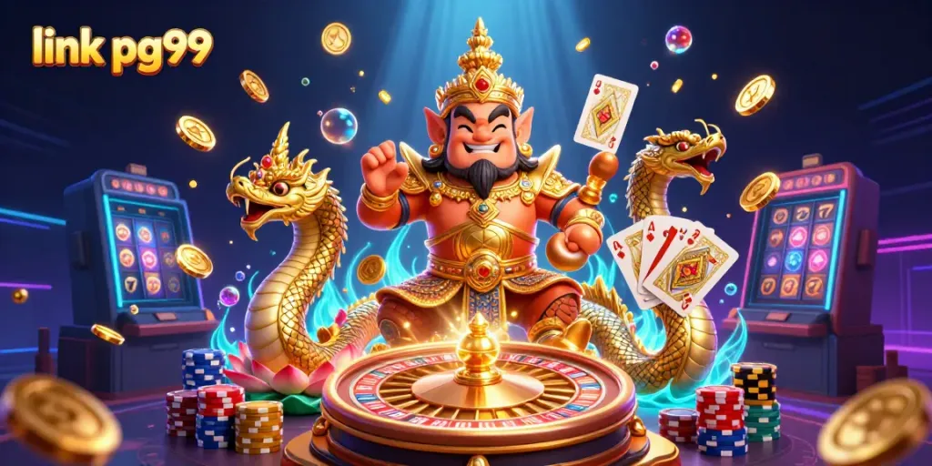 Spin the reels with link pg99 in a vibrant casino scene featuring friendly temple guardians and game elements.