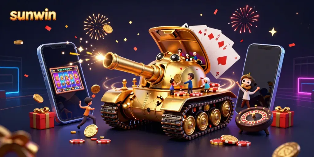 Experience the excitement of sunwin in this vibrant 3D illustration featuring a golden beetle casino tank.