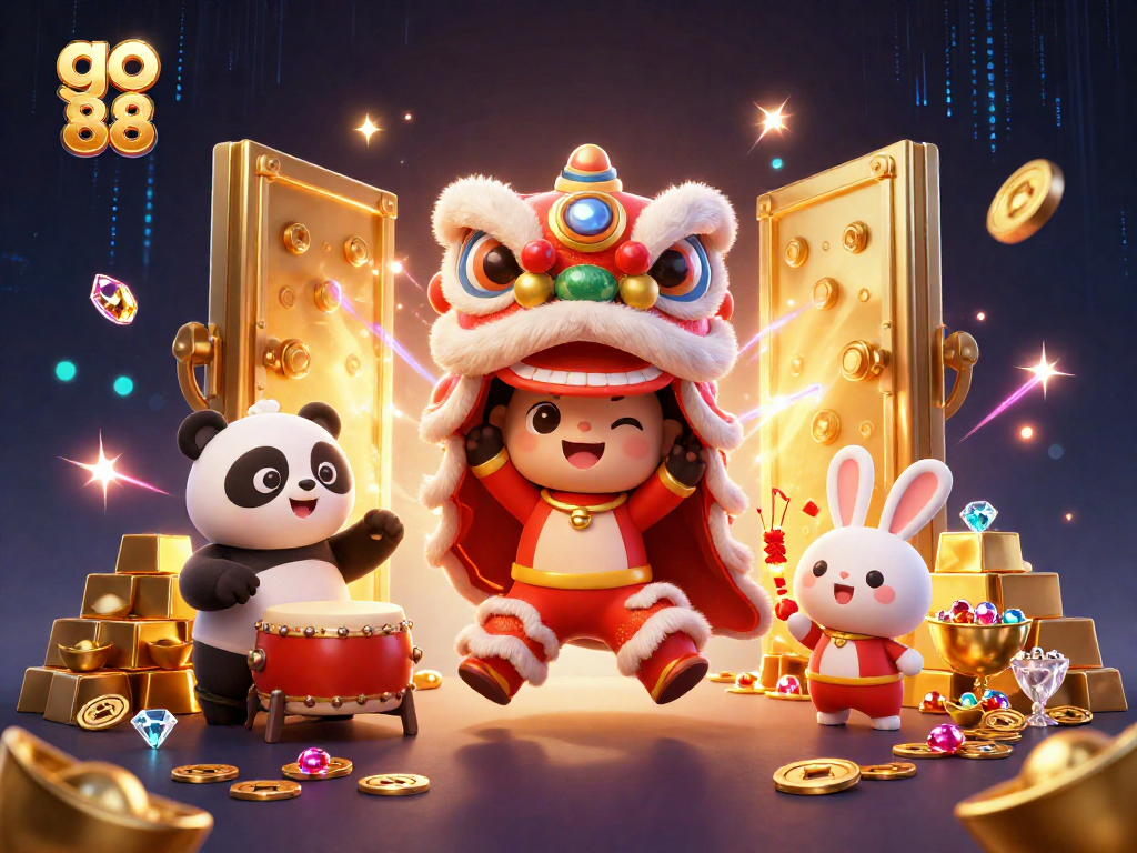 Engage in the vibrant world of go 88 with an exciting lion dance surrounded by treasures.