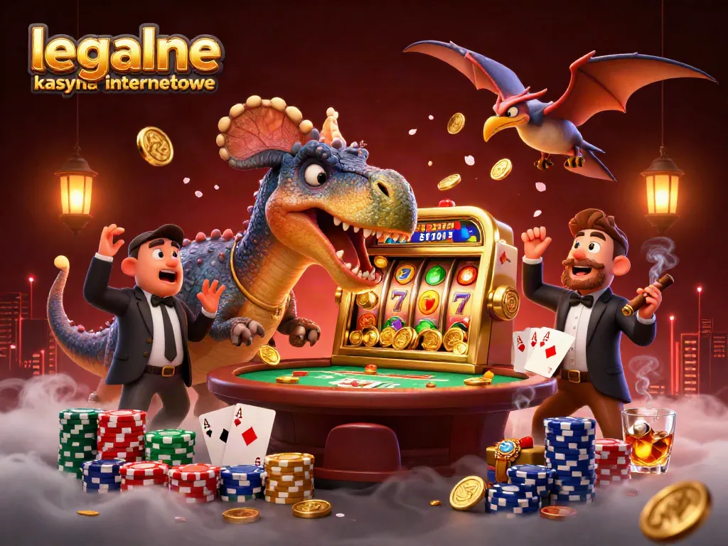 Legalne kasyna internetowe animation of dinosaur hitting a slot machine for jackpot coins.