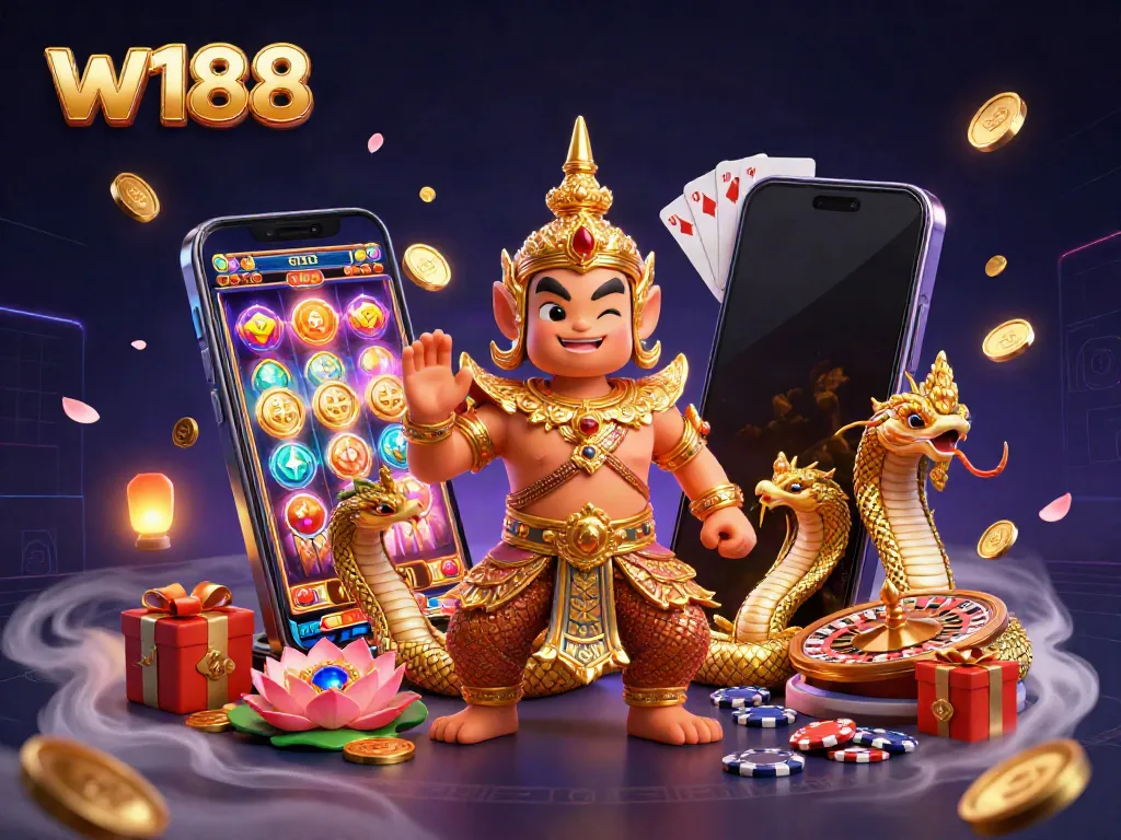 Experience the vibrant gaming world of w188 featuring a guardian and Naga companions amidst thrilling casino elements.