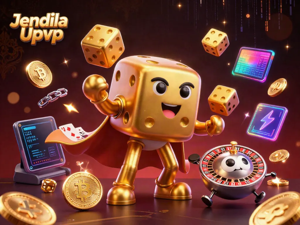 Experience vibrant Jendela Upvc fun with cartoon dice juggling surrounded by crypto coins and electrifying details.